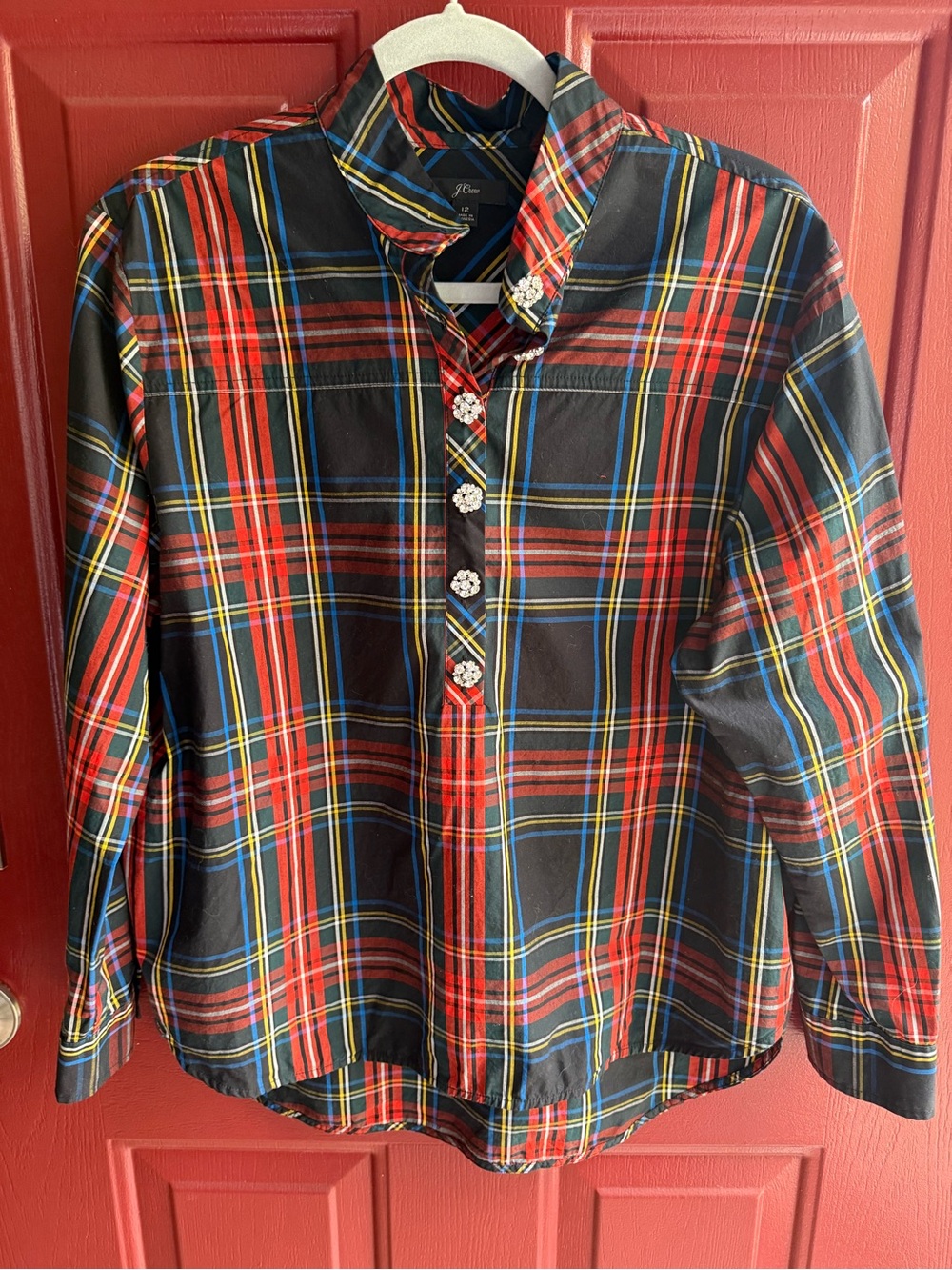 J. Crew Black Plaid Button-Up Blouse with Red and Blue Stripes